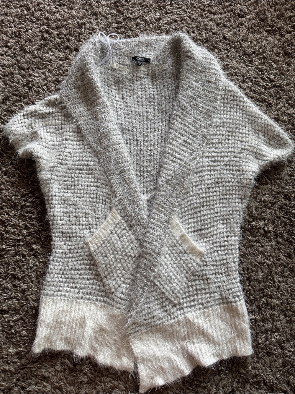 XOXO Cream Short-Sleeve Shawl Collar Cardigan